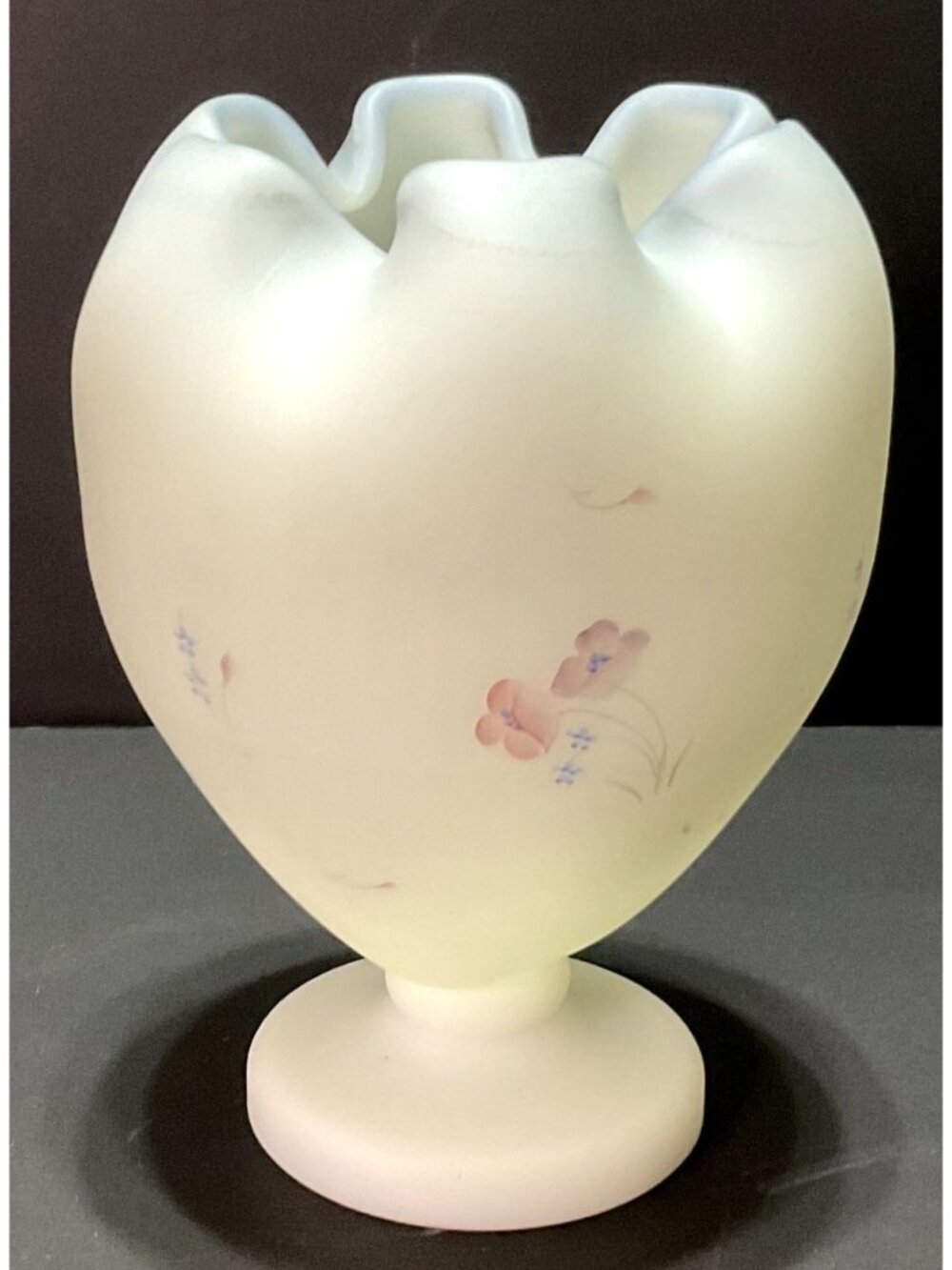 Vtg Fenton Satin Glass Vase Signed Hand Painted Florals Footed Rose Bowl